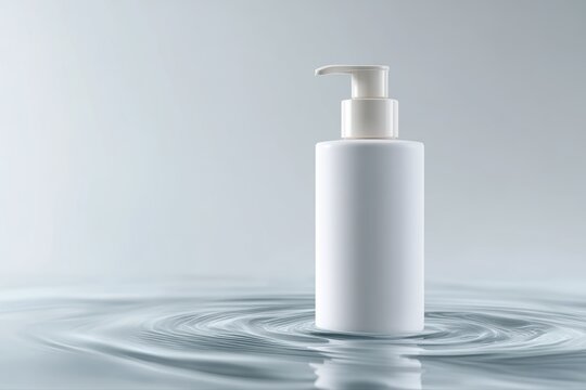 ceramic soap dispenser mockup tilting over water ripple, bathroom accessory design, hygiene branding