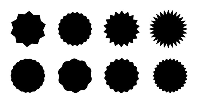 Circle stickers black set. Star burst shape tags for price, shops. Wavy promo badges. Vintage labels. Blank sale stickers, simple silhouette.