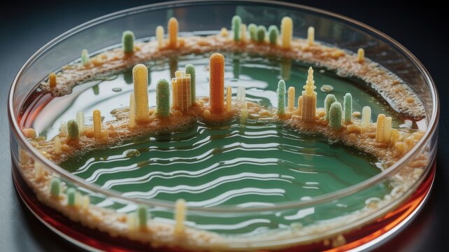 Microscopic cityscape of colorful bacteria cultures in a petri dish