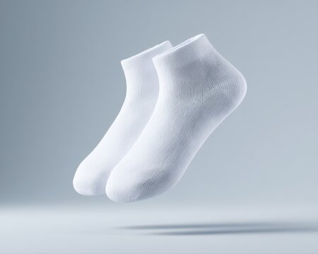 pair of white ankle socks floating, minimal sportswear mockup, soft shadow, realistic cotton texture, isolated clean background