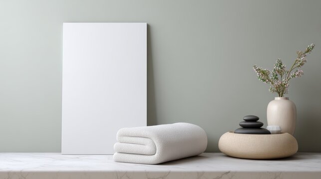spa poster display mockup in calm interior scene, wellness branding template, soft lighting