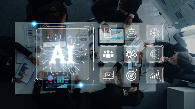Dynamic corporate meeting centered on artificial intelligence project, showcasing business professionals discussing data analytics and strategic insights in a modern workspace. Trope
