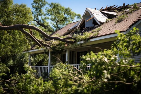 Large tree branch breaking a house roof after strong wind and severe weather