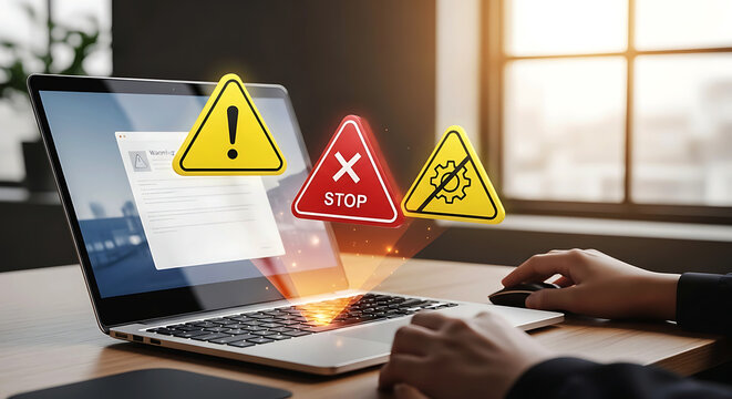 Cybersecurity warning icons on laptop screen, digital system error and security alert concept, computer virus threat and technical failure notification
