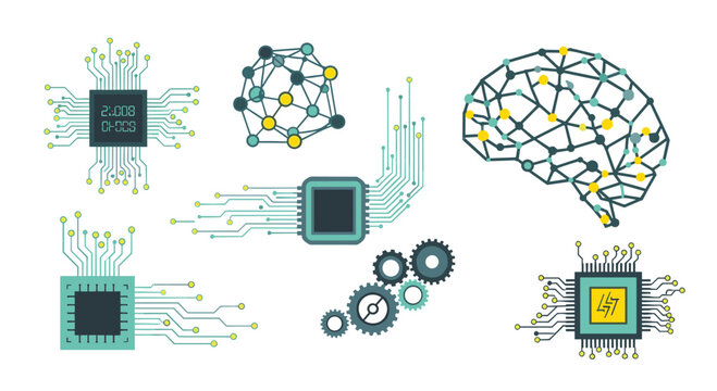 An assortment of digital electronic components including computer chips, neural networks, synaptic brain structures, and mechanical gears against a bright white background.
