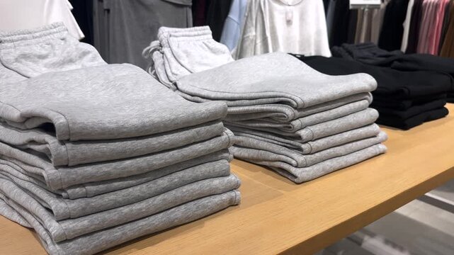 Neatly folded gray cotton sweatpants stacked on a wooden display table in a retail clothing store, with other garments hanging on racks in the background for a shopping and fashion concept