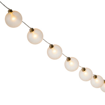String of spherical frosted glass globe light bulbs arranged in a sweeping catenary curve with a warm incandescent glow against a plain white background, festive elegance