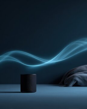 Smart home speaker projecting sound visualization waves in dark room