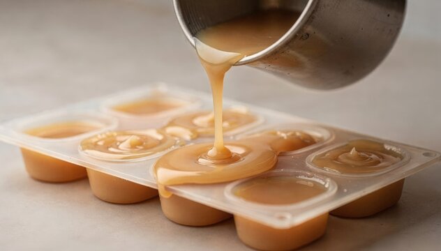 Closeup of molten paraffin wax being carefully poured into small foodgrade molds capturing the smooth flow and initial cooling process of edible wax blocks.