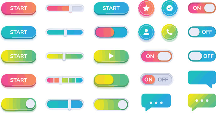 Colorful UI Buttons and Toggle Switches with Gradient Effect for Websites, Apps, and Digital Interfaces Design Elements