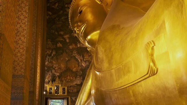 Wat Pho temple with golden Big Buddha statue, Bangkok city, Thailand, Asia. Temple of the Reclining Buddha. Popular tourist landmark