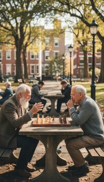 retired men playing chess together in sunny city park. Elderly men sit on park bench playing chess in urban park with trees and scattered sunlight