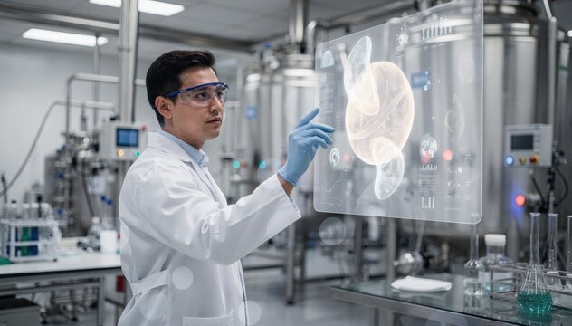 Medium shot focusing on a technician interacting with an AIbased reactor optimization interface monitoring predictive controls for polymerization to maintain consistent material