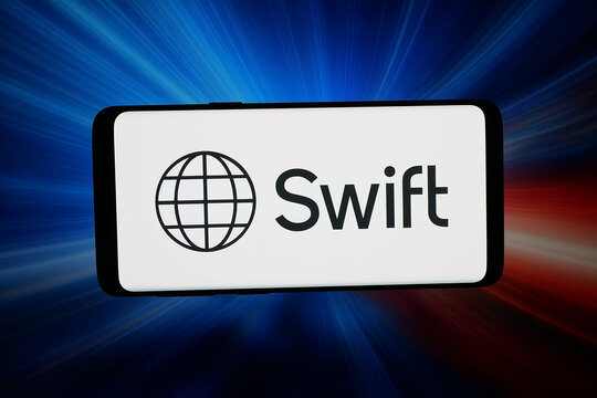 Stuttgart, Germany - 04-16-2026: In this photo illustration, the logo of financial information organisation SWIFT is displayed on a smartphone in front of abstract background on computer screen.