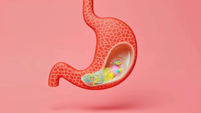 Cutaway stomach revealing pills - digestive anatomy. Colorful pill models inside. Cartoonish 2D style on pink background. Gastroenterology, digestion process. Concept of nutrition and health.
