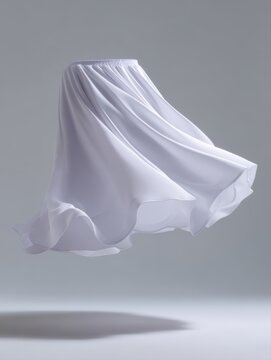 Blank white flared skirt hem twirling, motion fashion shot, airy fabric movement
