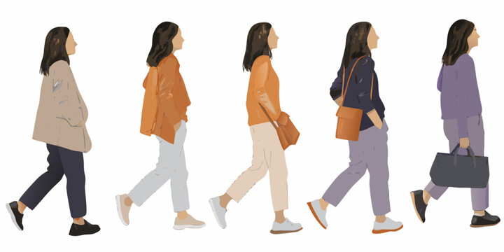 five walking women silhouettes in colorful outfits