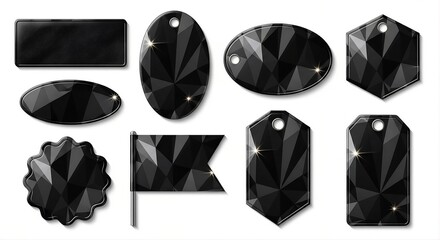 Fototapeta premium Black Geometric Crystal Price Tag Set - Dark Low Poly Diamond Texture Labels in Rectangle, Oval, Hexagon, Seal, Flag, Pendant and Hang Tag Shapes for Luxury, Premium and Black Friday Sale Design