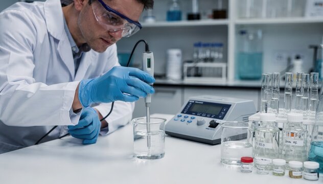 Technician conducts pH checks on brine samples using a calibrated electrode ensuring accurate onsite chemical analysis with focused attention in a clean lab environment.