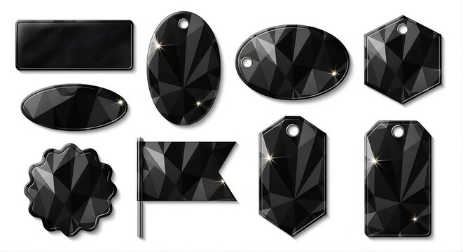 Black Geometric Crystal Price Tag Set - Dark Low Poly Diamond Texture Labels in Rectangle, Oval, Hexagon, Seal, Flag, Pendant and Hang Tag Shapes for Luxury, Premium and Black Friday Sale Design