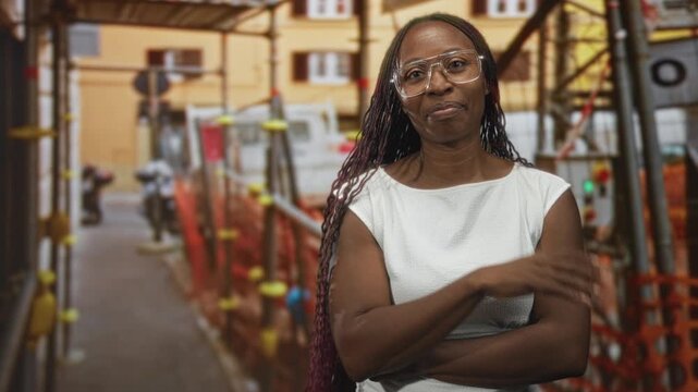 Woman smiling with arms crossed and glasses on a street amid scaffolding and orange netting, wearing a white sleeveless dress; confidence warmth.