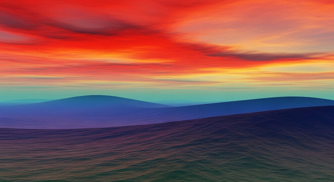 Vivid sunset sky over rolling hills. Red, orange, and yellow clouds paint the sky, creating a dramatic and serene vista symbolizing nature's beauty and tranquility.