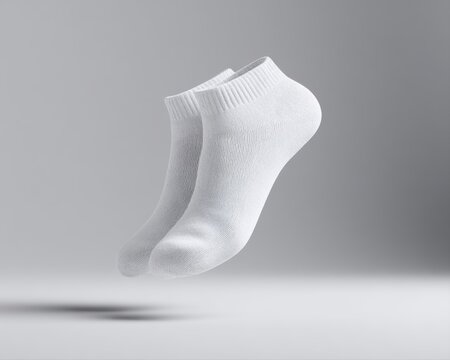 pair of white ankle socks floating, minimal sportswear mockup, soft shadow, realistic cotton texture, isolated clean background