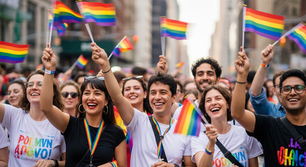 Fototapeta premium Joyful crowd waving rainbow flags, a vibrant celebration of diversity and pride, symbolizing unity, acceptance, and LGBTQ+ rights, representing community and freedom
