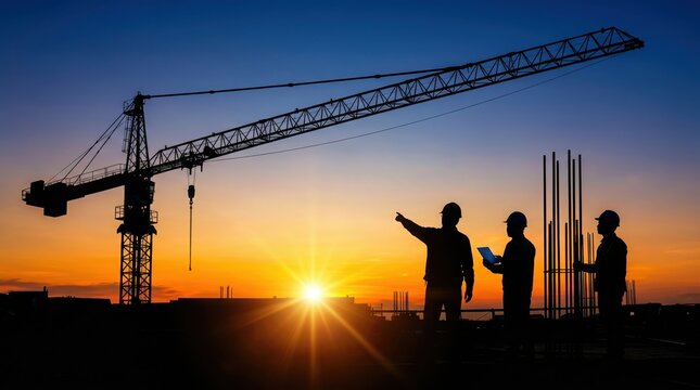 Construction engineers silhouette discussing project plans at sunset with tower crane background for industrial development concept and urban planning strategy site supervision and team collaboration