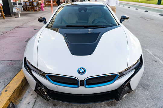 Miami, Florida, USA - July 27, 2025: BMW i8 2014 sports car coupe car. Luxury car BMW i8 coupe. Car BMW i8 coupe parked outdoor. White car, front view.