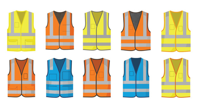A grid of ten high-visibility safety vests with reflective strips and pockets is neatly arranged in two rows against a clean white studio background for display.