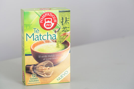 Alicante, Spain - April 25, 2026: Pompadour Matcha Tea packaging featuring a bowl of matcha and whisk, highlighting green tea and lemon flavor, 12 soluble sachets included