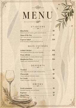 Example restaurant menu design showcasing a rustic Mediterranean style layout. Ideal for inspiration and visual reference for menu creation and design projects. Part of a restaurant menu template coll