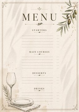 Editable Restaurant Menu Template, Rustic Mediterranean Blank Menu, Vintage Cafe Menu Design, Printable Food Menu.Editable blank restaurant menu template with rustic Mediterranean vintage style. 
