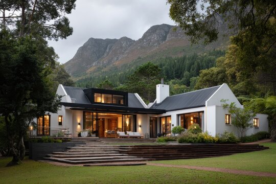 Modern house sits at the base of mountains in an area with trees and grass under an overcast sky during late afternoon hours