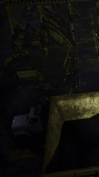 Metal scaffolding is visible, surrounding a dark construction site. The area is dimly lit, with shadows cast by surrounding structures. It seems to be a work in progress, with tools scattered.