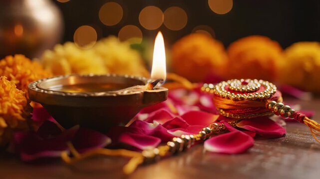 Diwali celebration with traditional diya, colorful flowers, and decorative rakhi on wooden table. Diwali includes vibrant decorations, floral arrangements, and ceremonial items.