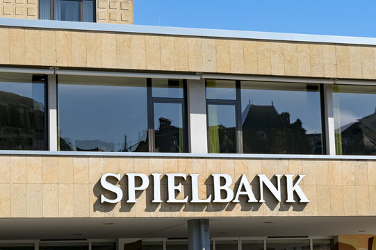 Trier, Germany - 14 April 2026: Sign above the entrance to the Spielbank in Trier, which is a legal licensed casino,