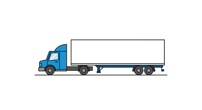 A blue heavy-duty semi-truck tractor with a blank white rectangular trailer container is displayed in a minimalist side profile view on a solid white studio background.