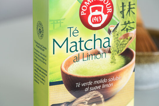 Alicante, Spain - April 25, 2026: Matcha tea packaging featuring green tea powder with lemon flavor, prominently displaying the Pompadour brand logo and Japanese characters