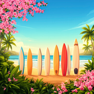 playa, mar, verano, vector, oce&aacute;no, ilustraci&oacute;n, oleaje, tropical, paisaje, arena, acu&aacute;tico, viajando, naturaleza, cielo, &aacute;rbol, sol, la palma, surf, vacaciones, isla, olas, designio, barca, tabla de 