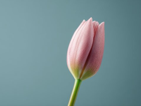 Partially closed tulip bud with soft pink tones, fresh floral detail, minimal composition