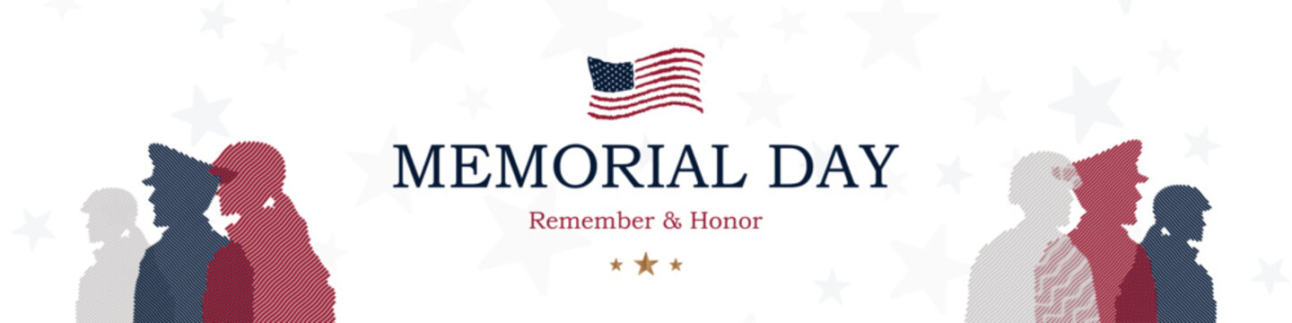 Wide patriotic web banner featuring the United States flag and stylized military personnel silhouettes on a white background with stars. Memorial Day promotions and corporate headers.
