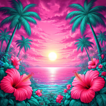 playa, la palma, verano, tropical, &aacute;rbol, mar, sol, isla, naturaleza, vector, oce&aacute;no, ilustraci&oacute;n, cielo, flor, paisaje, atardecer, viajando, acu&aacute;tico, vacaciones, arena, designio, haw&aacute;i, silueta, pal