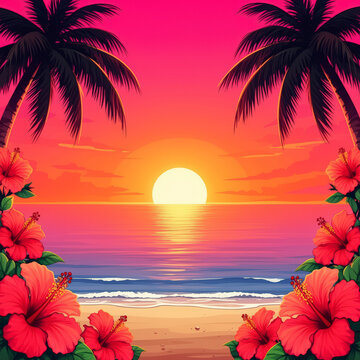 atardecer, la palma, playa, &aacute;rbol, tropical, mar, sol, oce&aacute;no, cielo, verano, silueta, naturaleza, paisaje, amanecer, vector, isla, ilustraci&oacute;n, acu&aacute;tico, anochecer, viajando, vacaciones, haw&aacute;i, zona 