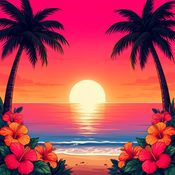 atardecer, la palma, playa, &aacute;rbol, tropical, mar, sol, oce&aacute;no, cielo, verano, silueta, naturaleza, paisaje, amanecer, vector, isla, ilustraci&oacute;n, acu&aacute;tico, anochecer, viajando, vacaciones, haw&aacute;i, zona 