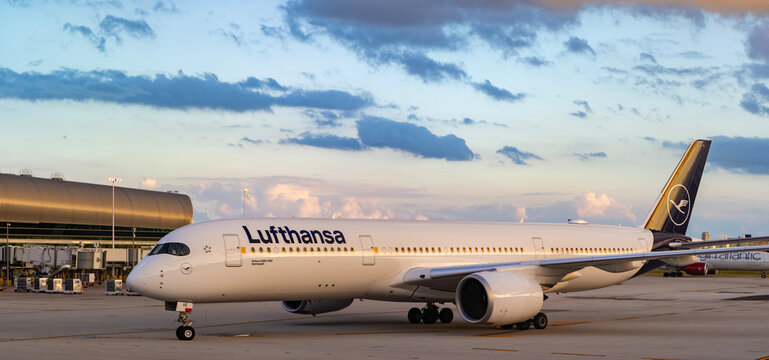 Miami, Florida, USA - October 30, 2025: Plane arrival of Lufthansa airline. Arrival at airport terminal. Airplane terminal. Airport terminal with Airbus A350. Airbus A350, Lufthansa airline