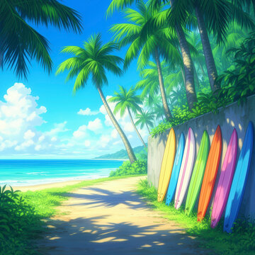 playa, mar, la palma, tropical, &aacute;rbol, isla, verano, oce&aacute;no, arena, acu&aacute;tico, viajando, cielo, ed&eacute;n, sol, paisaje, naturaleza, vector, vacaciones, costa, ilustraci&oacute;n, olas, coco, estaci&oacute;n, relaja