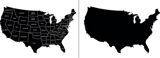 map of usa with state names and silhouette, united states of america geography outline, black administrative division borders of us territory on transparent background © Tanya
