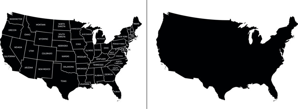 map of usa with state names and silhouette, united states of america geography outline, black administrative division borders of us territory on transparent background